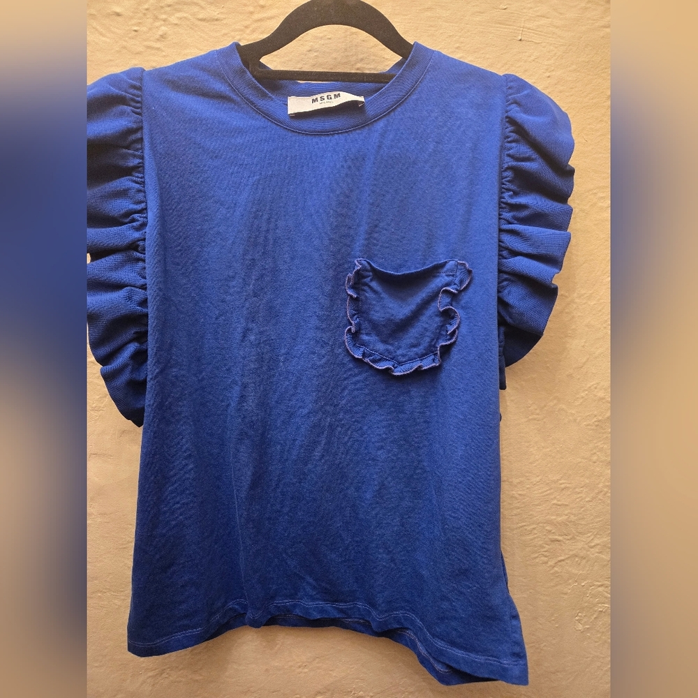 MSGM Milano Blue Ruffle Sleeve Tee | Designer Cotton Top Size L